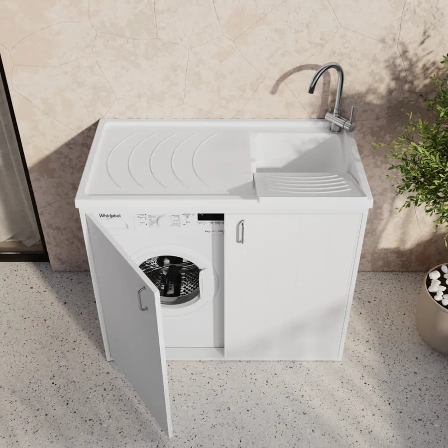 Mobile coprilavatrice 109x60 cm bianco reversibile 2 ante con vasca e strofinatoio - Vix