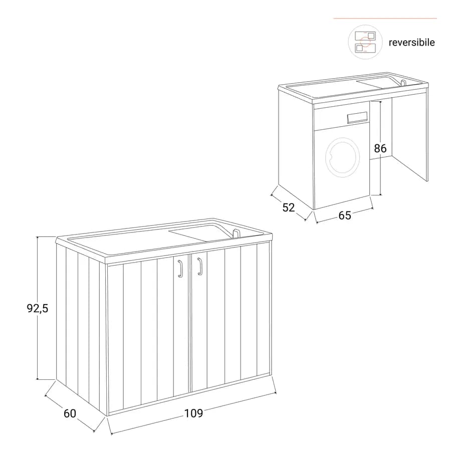 Mobile coprilavatrice 109x60 cm bianco reversibile 2 ante con vasca e strofinatoio - Vix