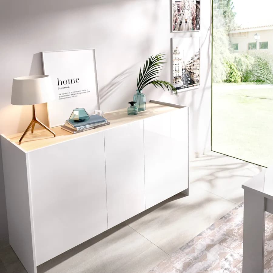Madia 138x76h cm bianco con top in legno naturale e 3 ante - Hela
