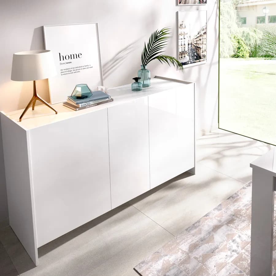 Madia 138x76h cm bianco con top in legno naturale e 3 ante - Hela