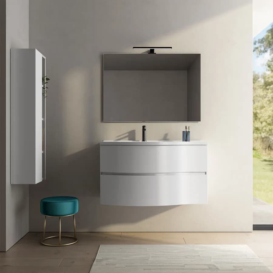 Mobile bagno sospeso 100 cm bianco opaco con due cassettoni e specchio - Halley