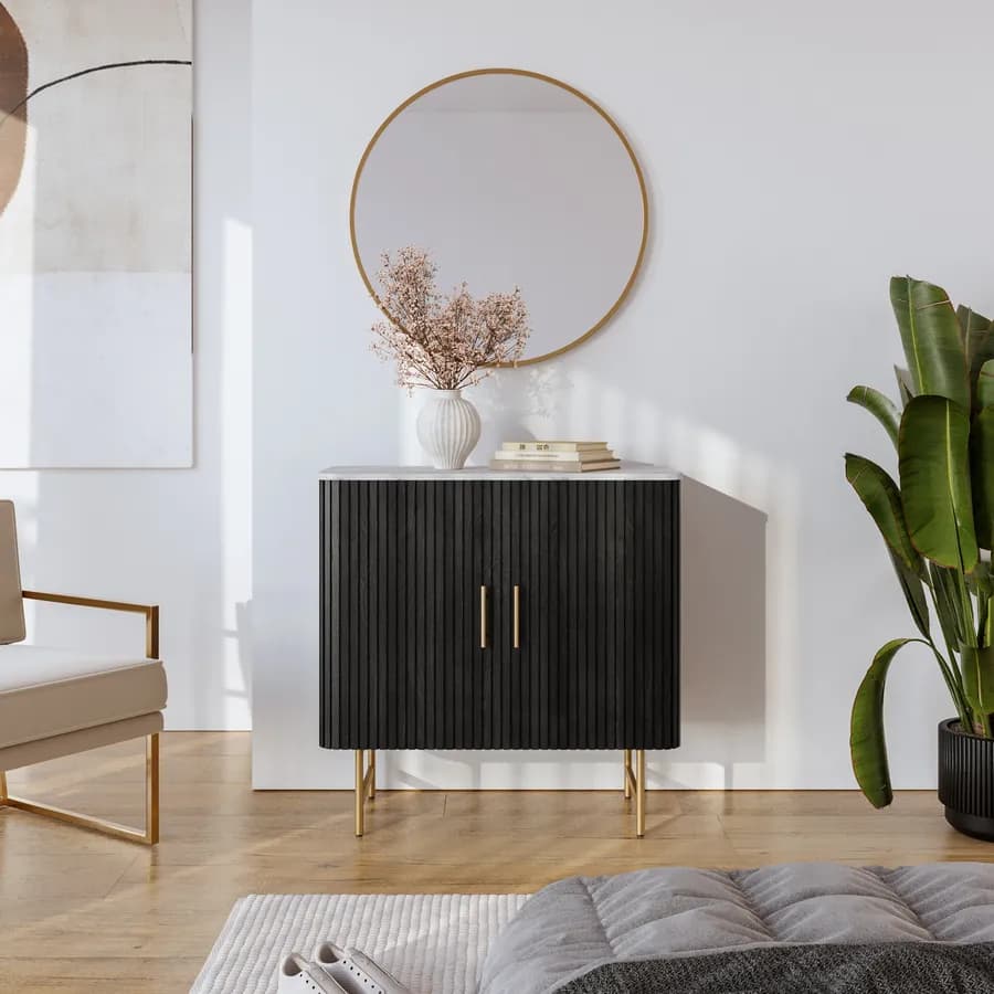 Madia 85x85h cm in legno di mango nero cannettato con piano in marmo bianco e 2 ante - Malua