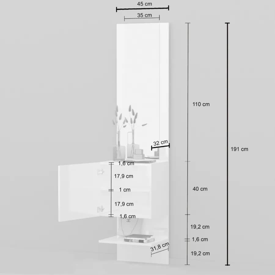 Mobile ingresso 45x190h cm con 1 anta e specchio bianco lucido - Eudora
