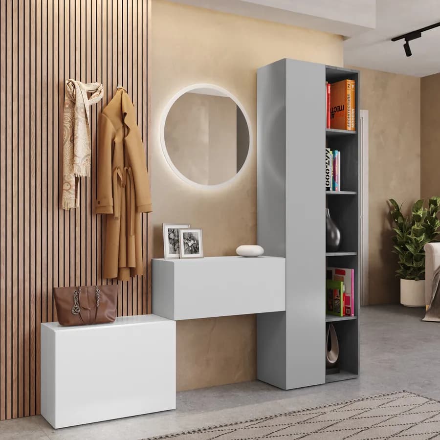 Mobile ingresso reversibile 125-180x185h cm piombo ardesia gesso bianco lucido - Clary