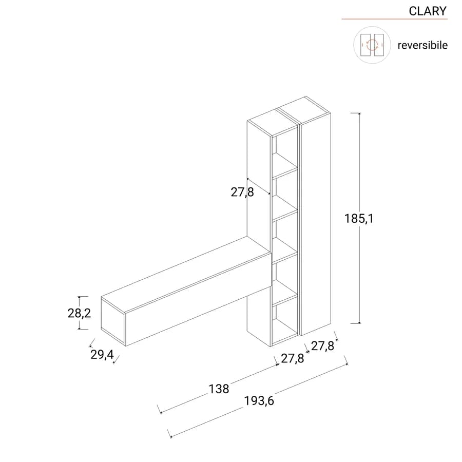 Mobile ingresso reversibile 194x185h cm 2 colonne cadiz e pensile bianco lucido - Clary
