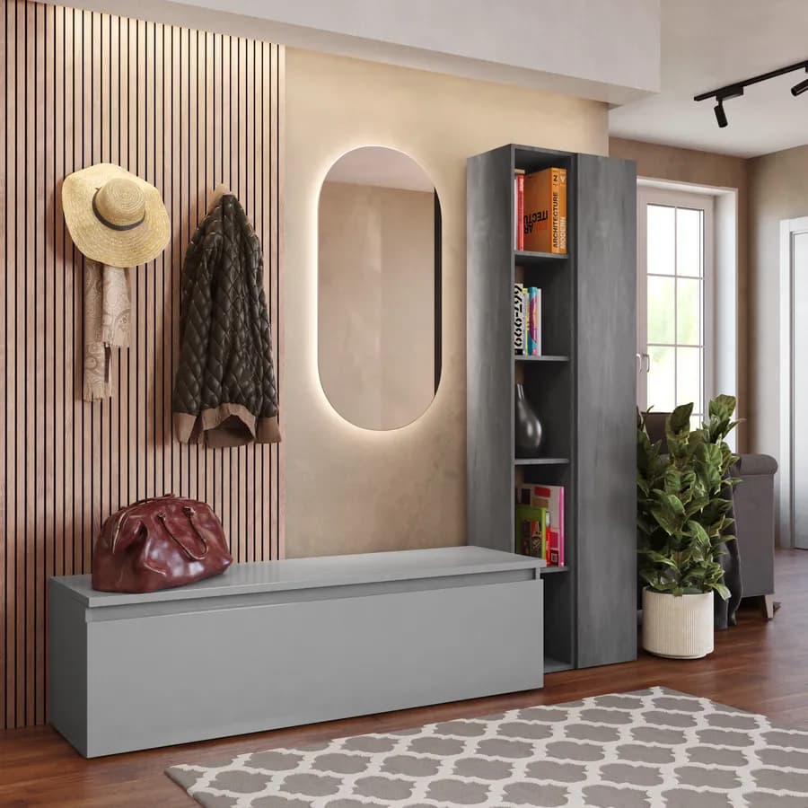 Mobile ingresso reversibile 194x186h cm 2 colonne piombo e cassettone ardesia - Clary