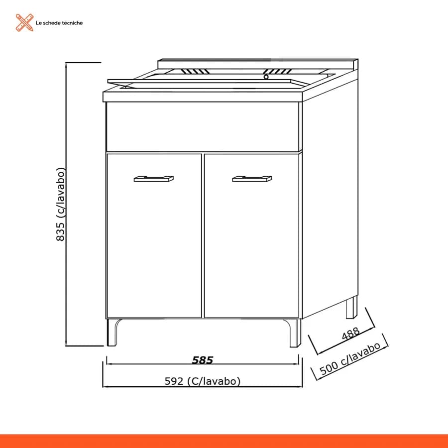 Mobile lavatoio 2 ante 60x50 cm con vasca finitura rovere fumo