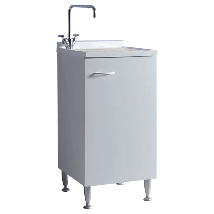 Mobile lavatoio bianco 45x60 cm con vasca in polipropilene asse in legno e kit di scarico acqua