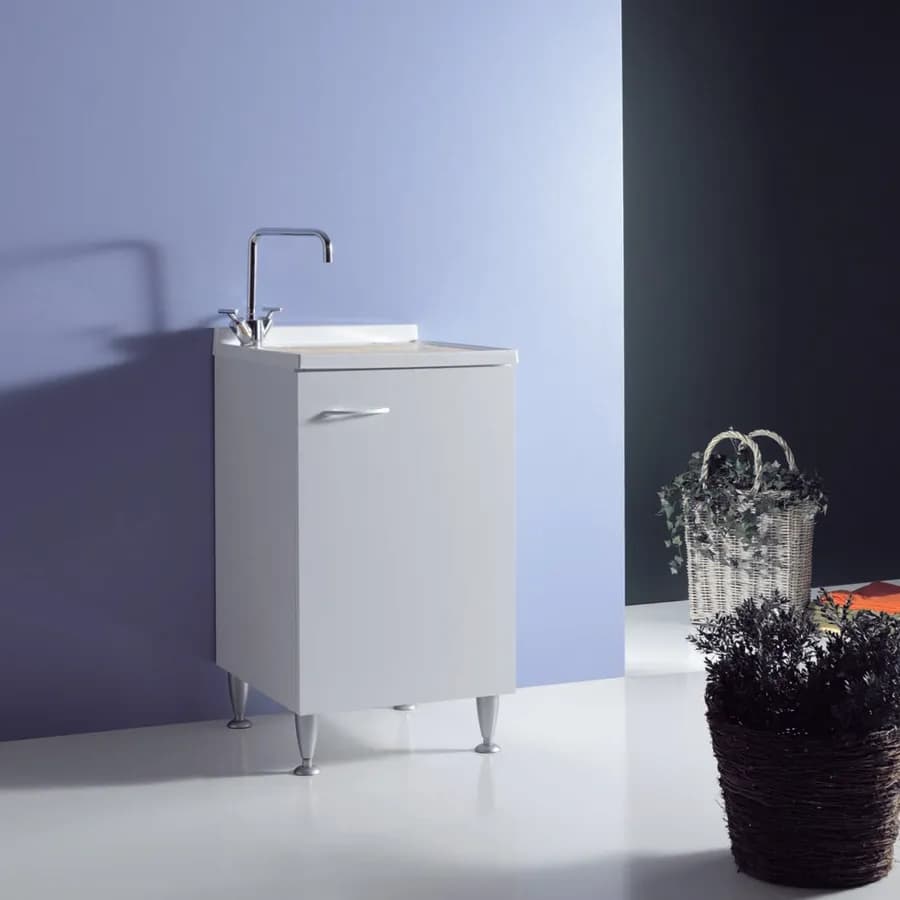 Mobile lavatoio bianco 45x60 cm con vasca in polipropilene asse in legno e kit di scarico acqua