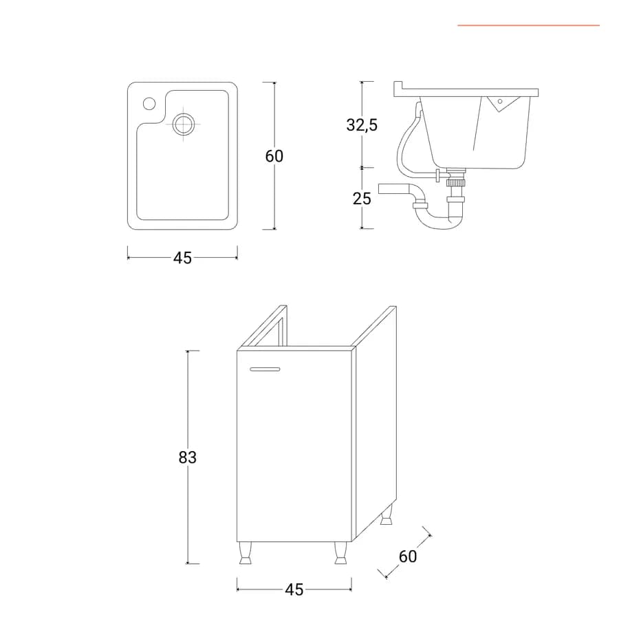 Mobile lavatoio bianco 45x60 cm con vasca in polipropilene asse in legno e kit di scarico acqua