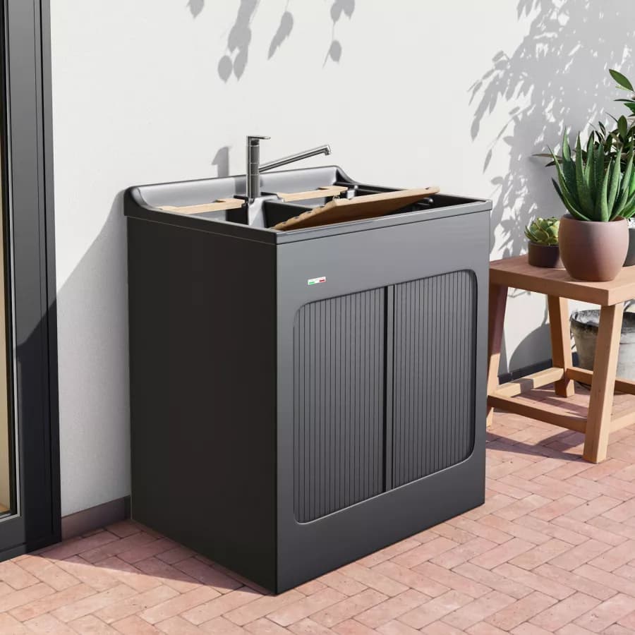 Mobile lavatoio Lavacril Colavene nero 80x60x84h cm con doppia vasca e serrandina