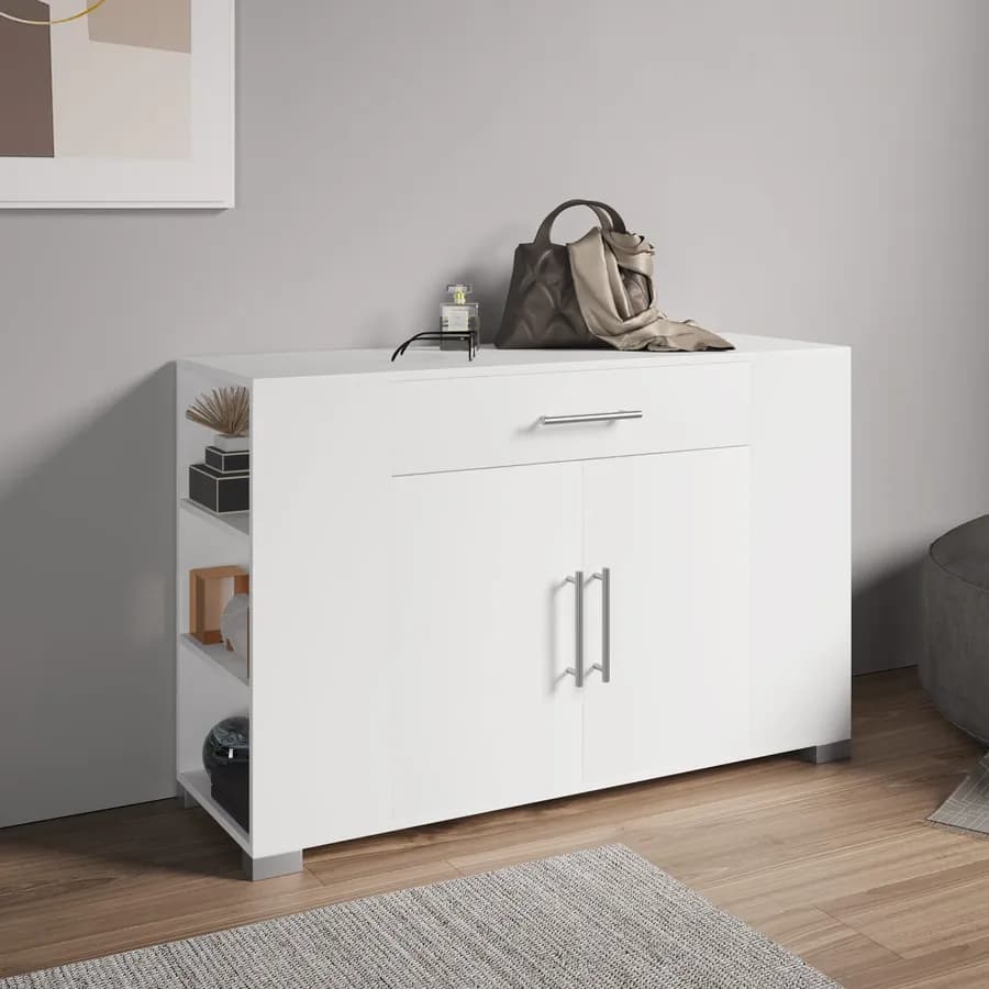 Mobile multiuso 116x76h cm bianco con ante e cassetti frontali e vani laterali - Timoti