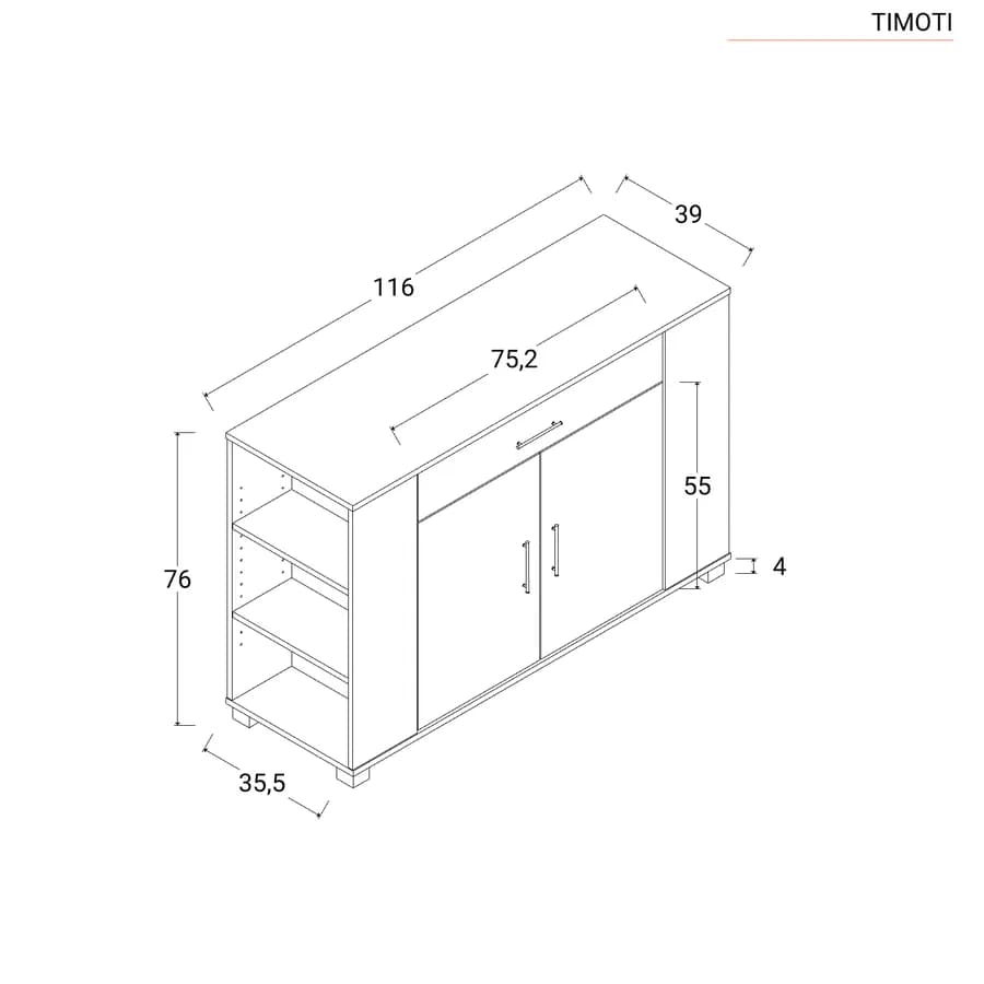 Mobile multiuso 116x76h cm bianco con ante e cassetti frontali e vani laterali - Timoti