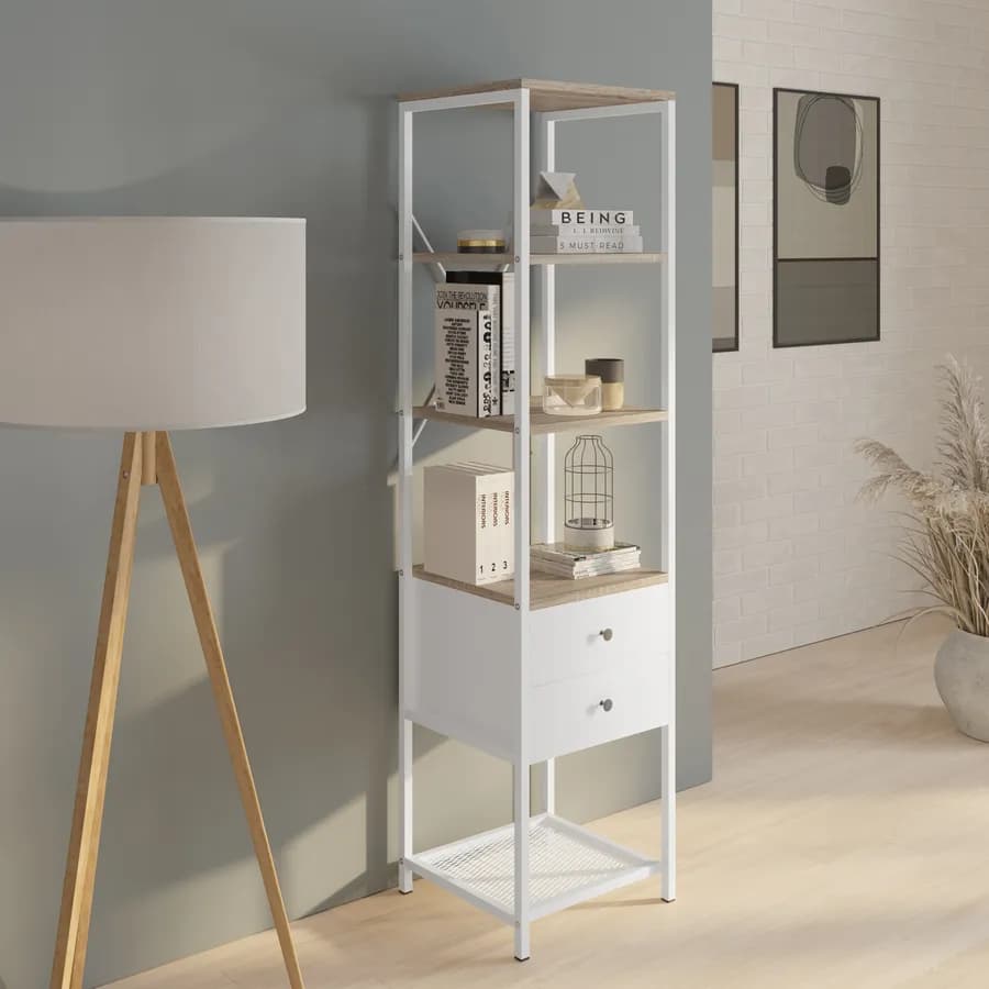 Mobile multiuso 40x160h cm in acciaio bianco e rovere con ripiani e 2 cassetti - Sheryl