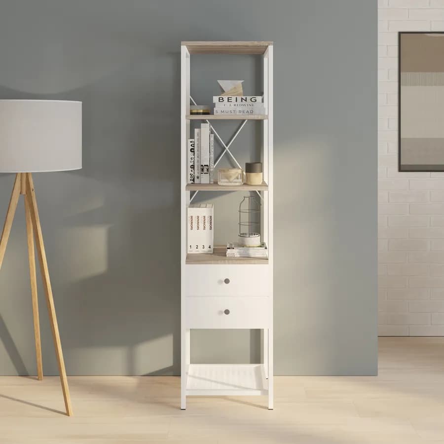 Mobile multiuso 40x160h cm in acciaio bianco e rovere con ripiani e 2 cassetti - Sheryl