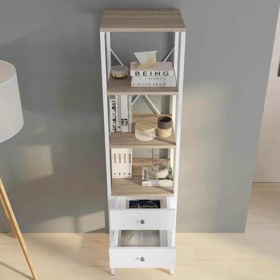Mobile multiuso 40x160h cm in acciaio bianco e rovere con ripiani e 2 cassetti - Sheryl