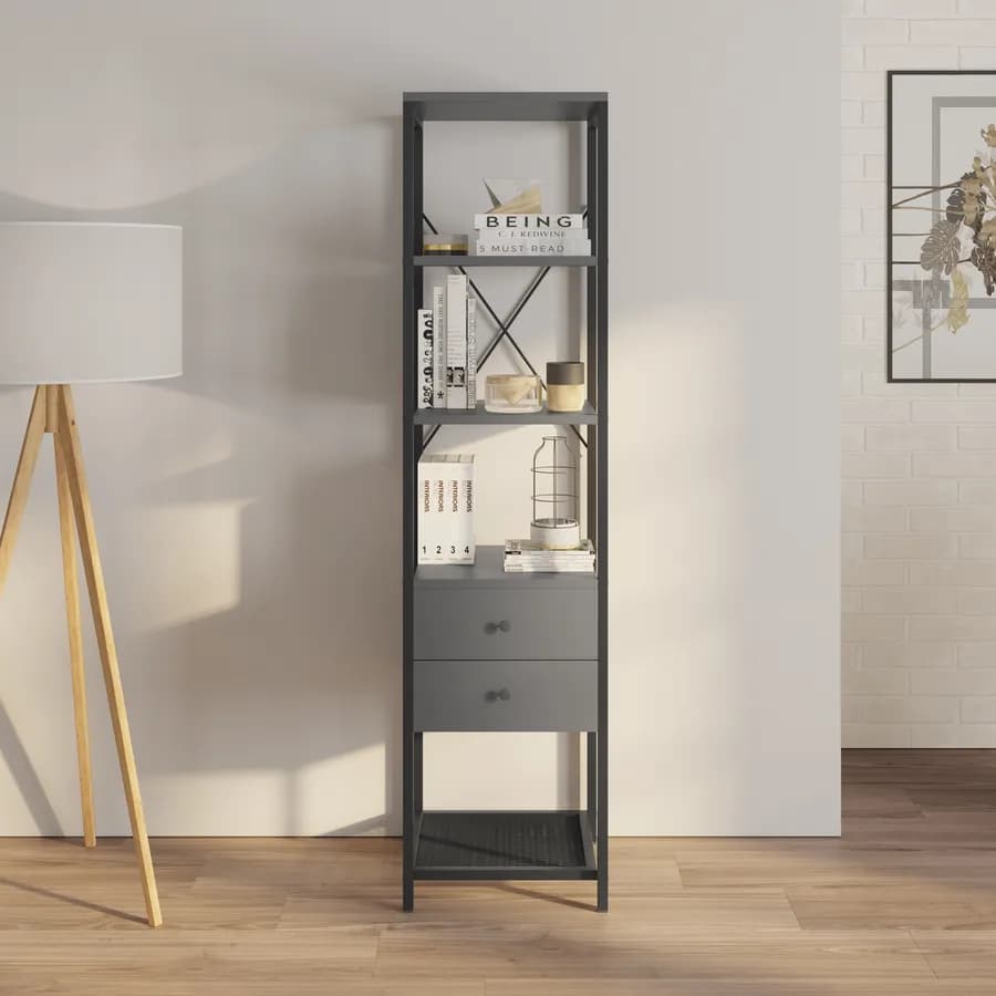 Mobile multiuso 40x160h cm in acciaio nero e antracite con ripiani e 2 cassetti - Sheryl