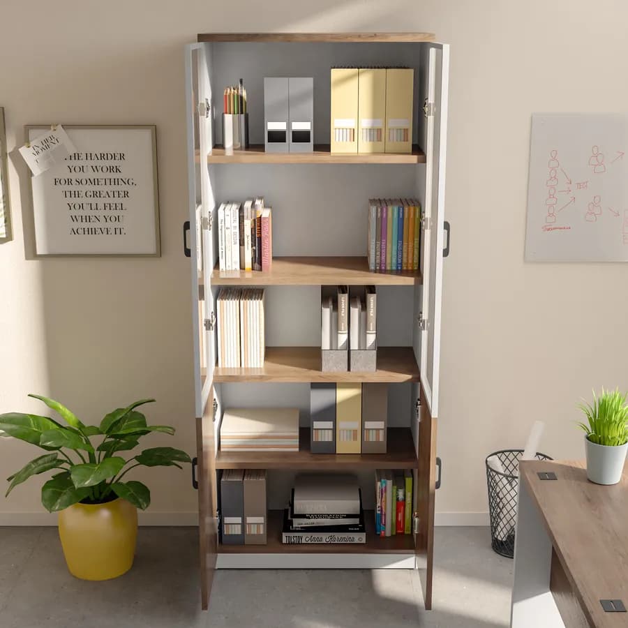 Libreria 80x200h cm in legno bianco e rovere con 2 ante in legno e 2 ante in vetro soft close e serratura - Lenox