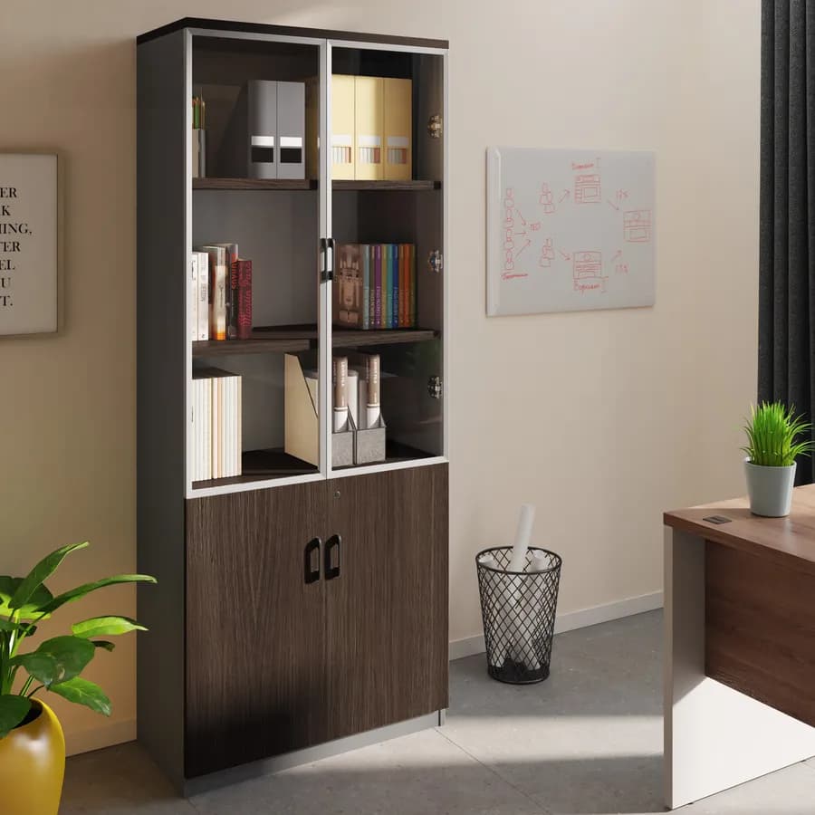 Libreria 80x200h cm in legno noce e grigio con 2 ante in legno e 2 ante in vetro soft close e serratura - Lenox