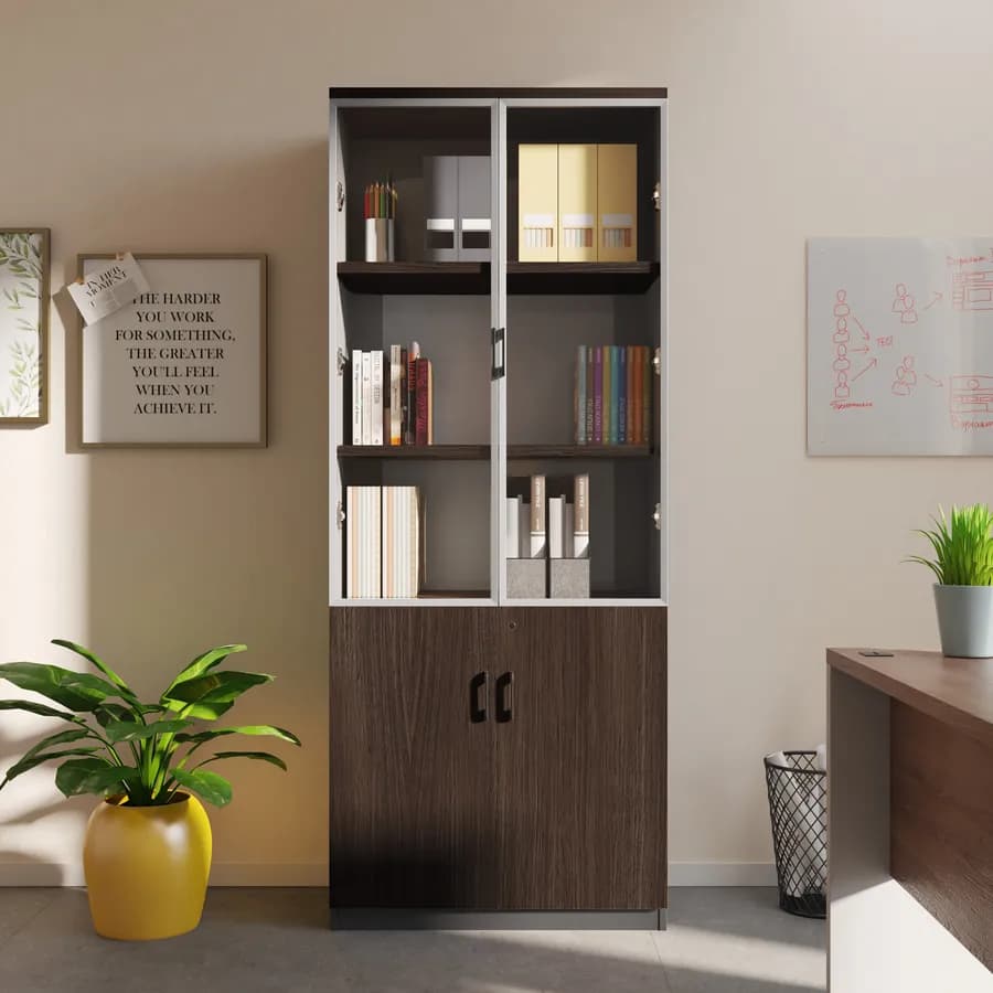 Libreria 80x200h cm in legno noce e grigio con 2 ante in legno e 2 ante in vetro soft close e serratura - Lenox