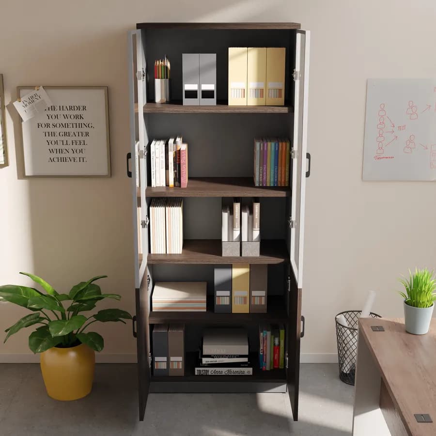 Libreria 80x200h cm in legno noce e grigio con 2 ante in legno e 2 ante in vetro soft close e serratura - Lenox