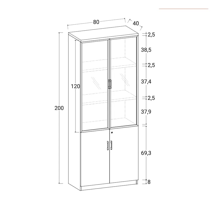 Libreria 80x200h cm in legno noce e grigio con 2 ante in legno e 2 ante in vetro soft close e serratura - Lenox