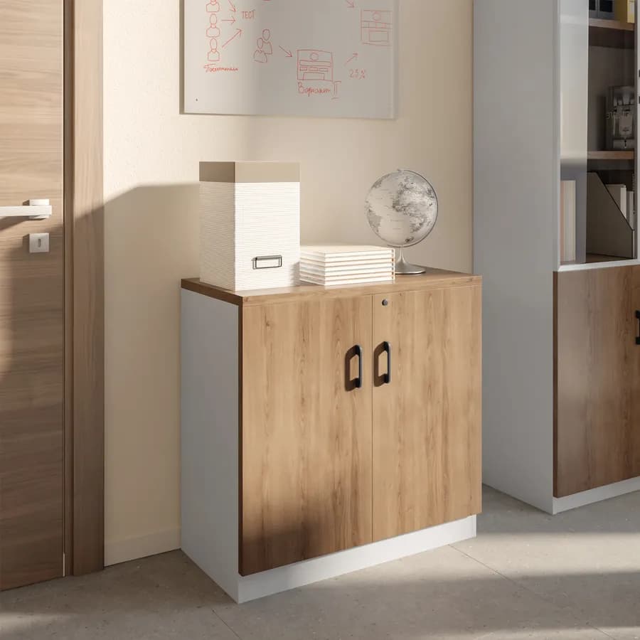 Mobile multiuso 80x80h cm in legno bianco e rovere con 2 ante soft close e serratura - Lenox