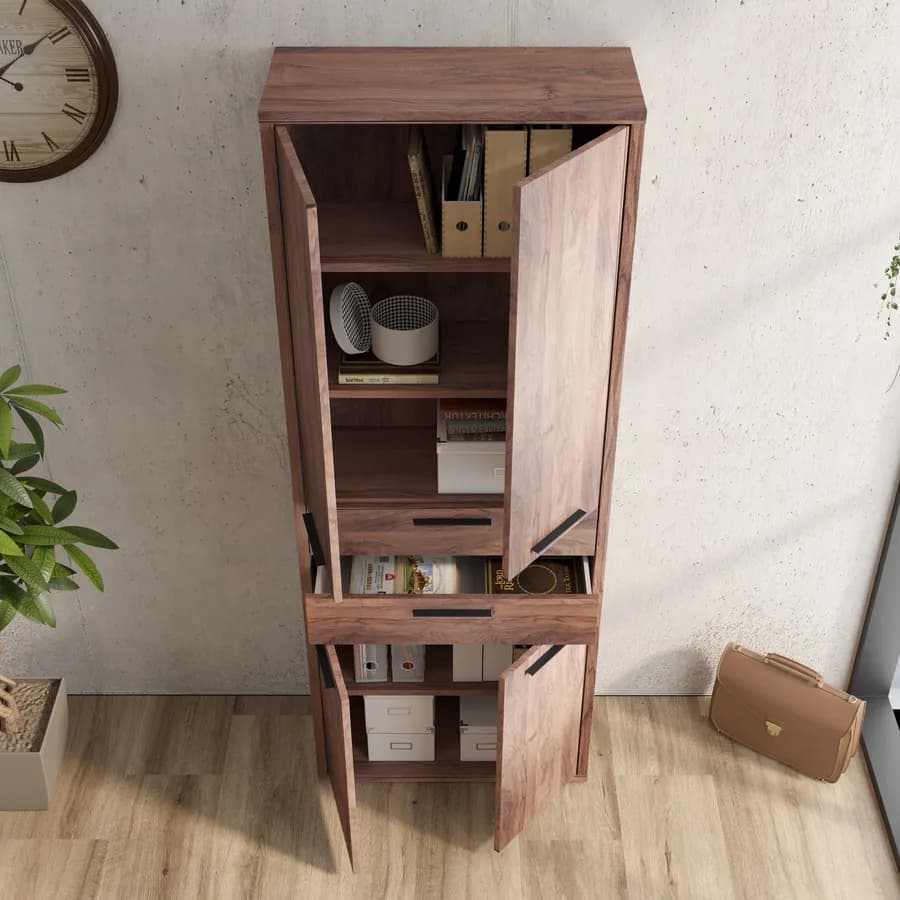 Mobile multiuso 82x217h cm noce brera con 4 ante e 2 cassetti - Historic brown