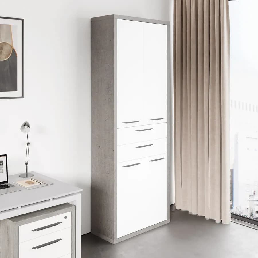 Libreria 82x217h cm grigio cemento con 4 ante e 2 cassetti bianco lucido- Homely office