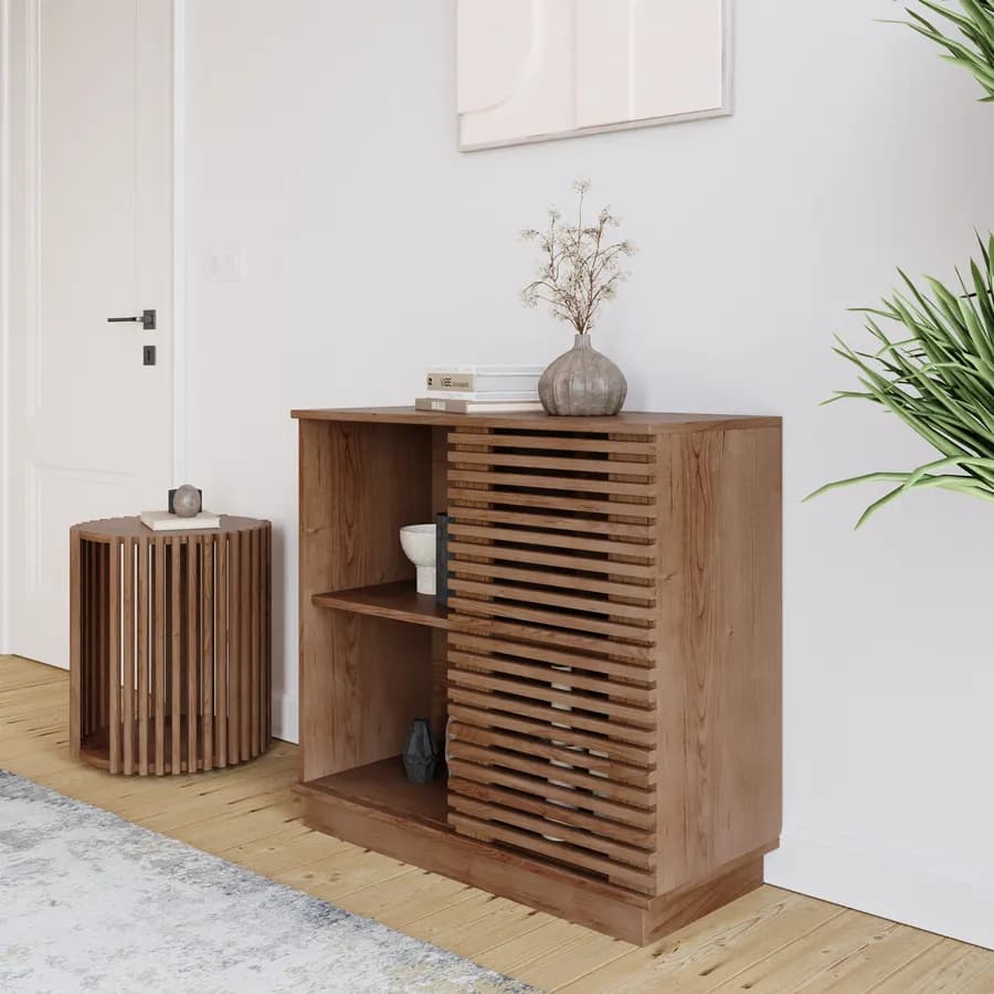 Credenza 85x80 cm in legno di acacia cannettato con anta e vani a giorno- Karan