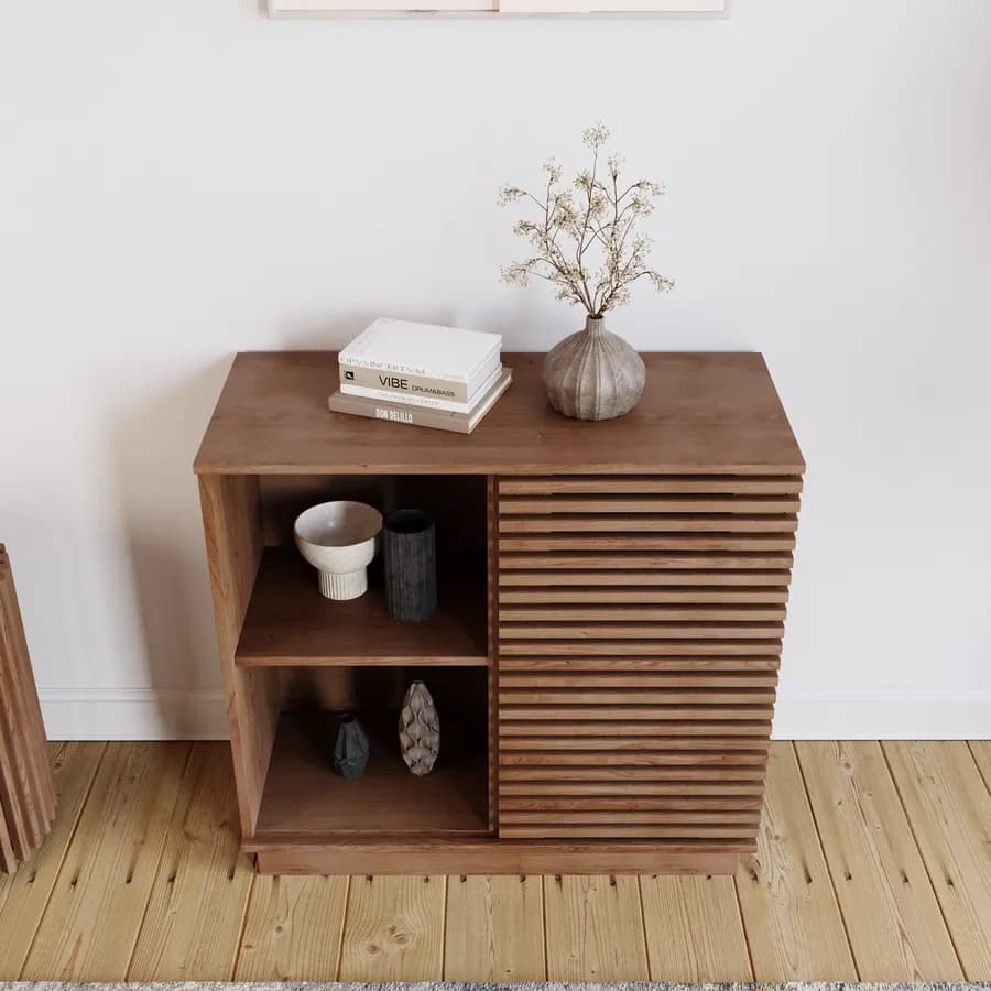 Credenza 85x80 cm in legno di acacia cannettato con anta e vani a giorno- Karan