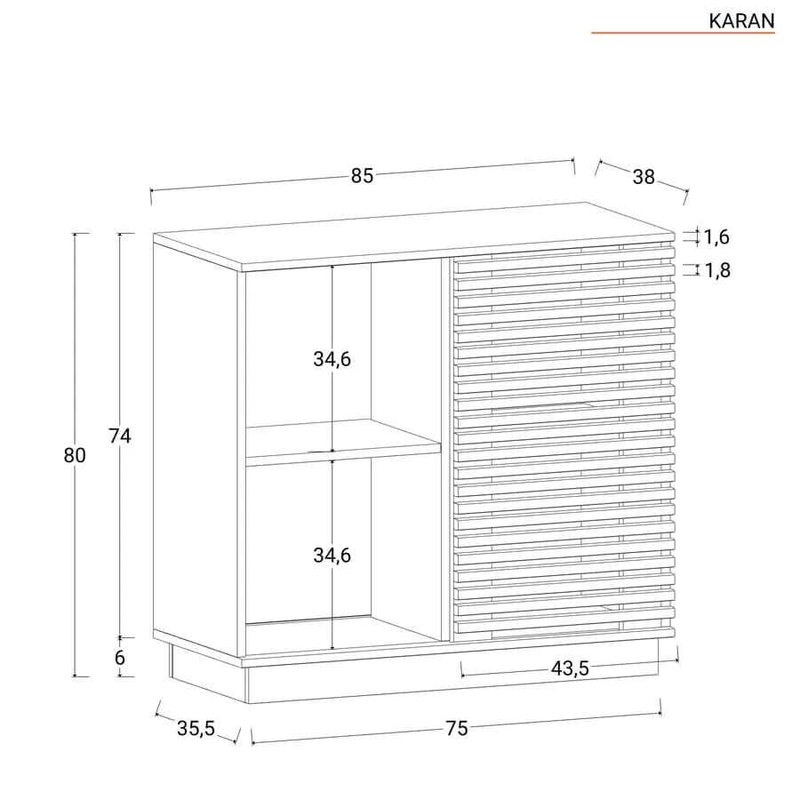 Credenza 85x80 cm in legno di acacia cannettato con anta e vani a giorno- Karan