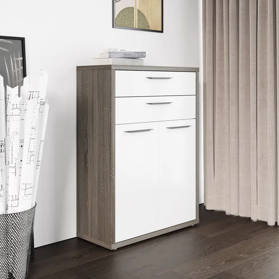 Mobile multiuso 82x112h cm rovere tartufo con 2 ante e 2 cassetti bianco lucido - Homely office