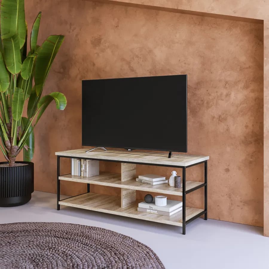 Mobile porta tv 110x45h cm top e ripiani effetto rovere e struttura in acciaio nero - Duke