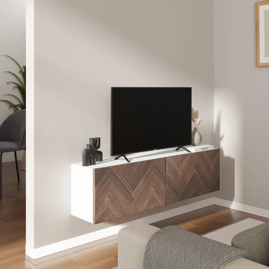 Mobile porta tv 120 cm bianco e noce effetto parquet con 2 ante - Betka