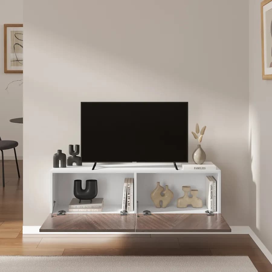 Mobile porta tv 120 cm bianco e noce effetto parquet con 2 ante - Betka