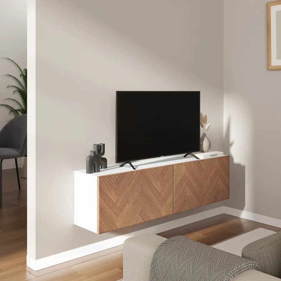 Mobile porta tv 120 cm bianco e rovere effetto parquet con 2 ante - Betka