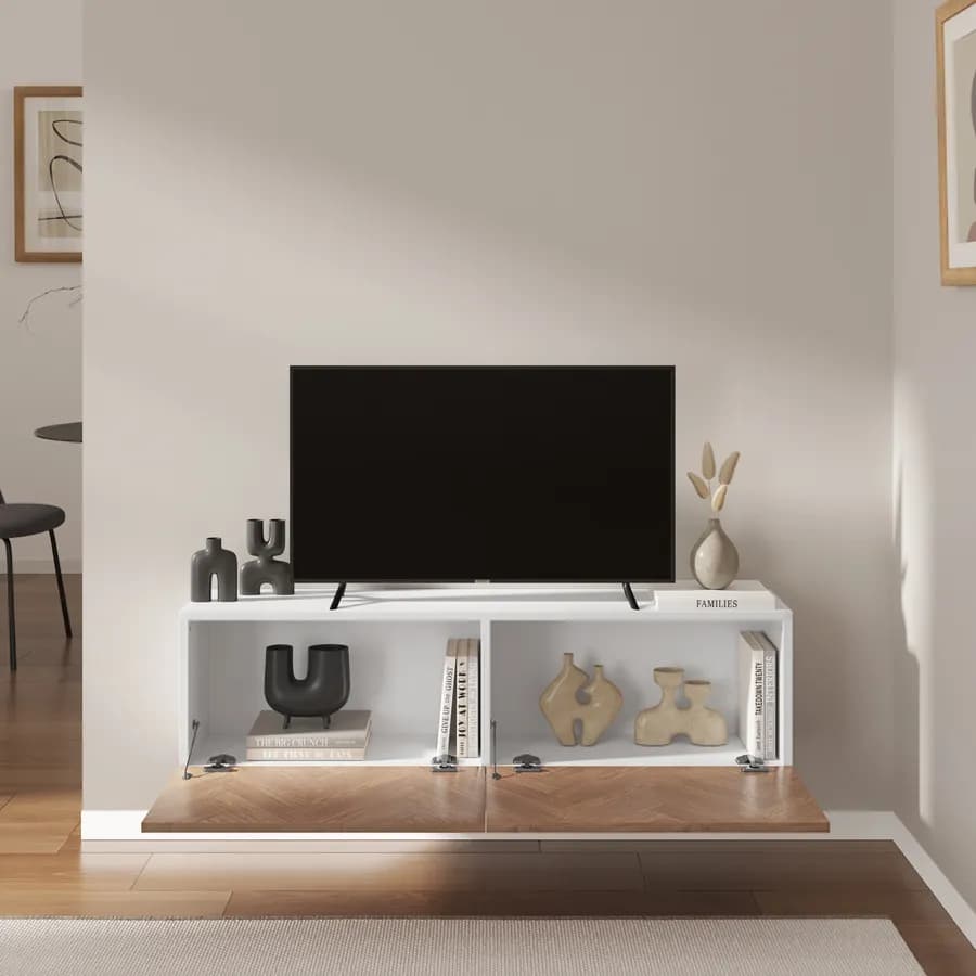 Mobile porta tv 120 cm bianco e rovere effetto parquet con 2 ante - Betka