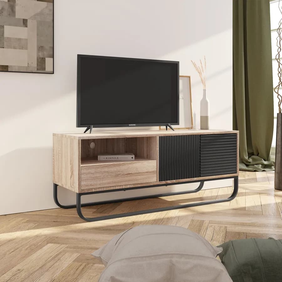 Mobile porta tv 120 cm in legno cannettato rovere e nero - Sven