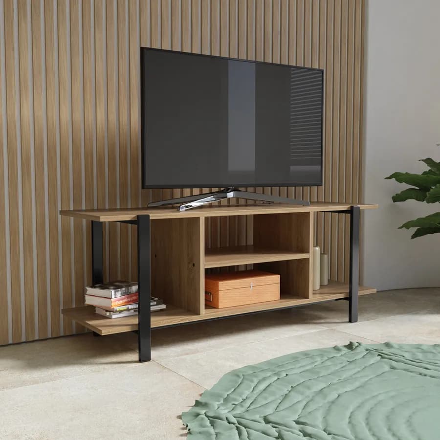 Mobile porta tv 120x35 cm effetto rovere scuro con vani a giorno e struttura in accaio nero - Fivar