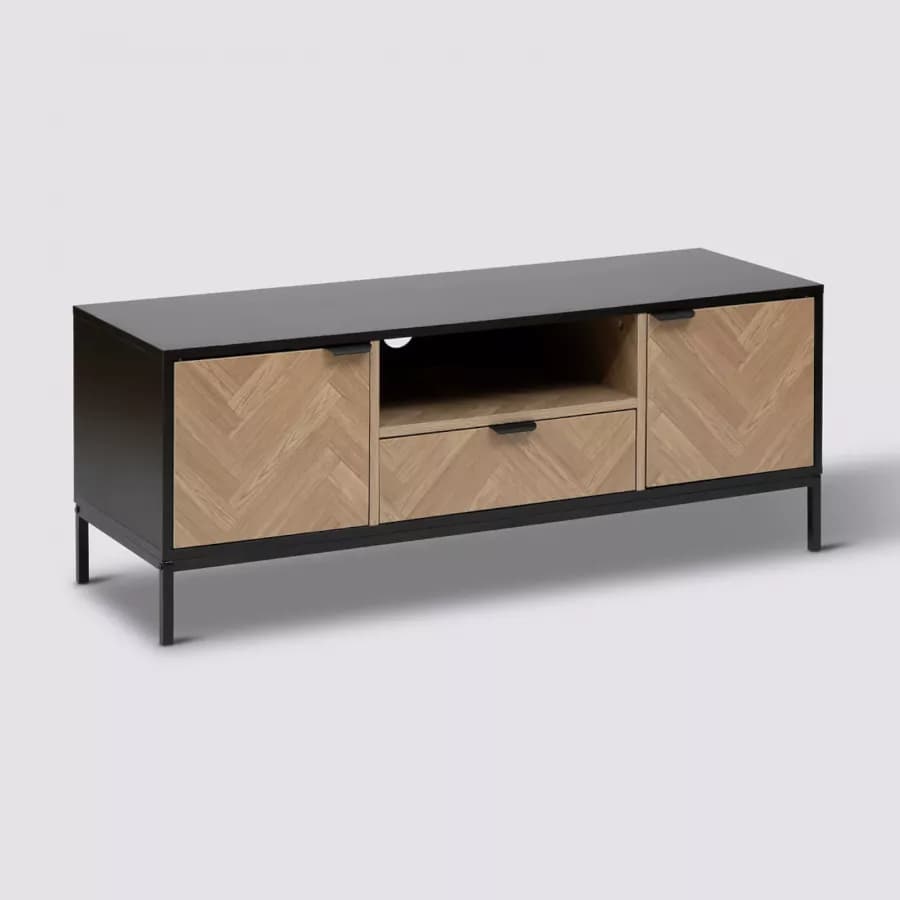Mobile porta tv 120x40 cm in acciaio nero con ante in legno effetto parquet - Blacky