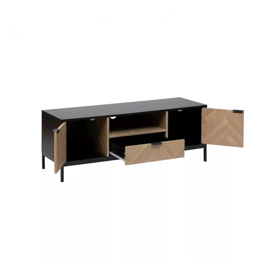 Mobile porta tv 120x40 cm in acciaio nero con ante in legno effetto parquet - Blacky