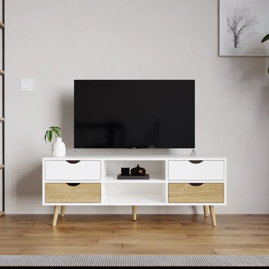 Mobile porta tv 120x45h cm bianco e rovere con 4 cassetti - Kidman