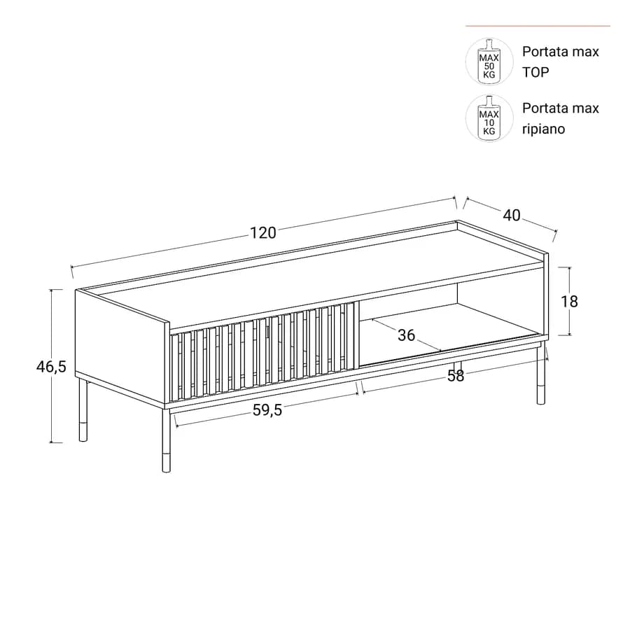 Mobile porta tv 120x47h cm con 1 anta nero opaco cannettato e gambe in acciaio con dettagli oro - Mirabel