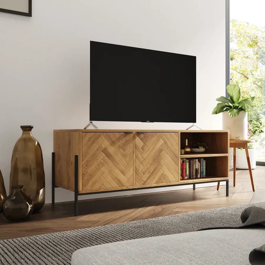 Mobile porta tv 120x48h cm in legno rovere chiaro effetto parquet con 2 ante e struttura in metallo nero opaco - Mufasa