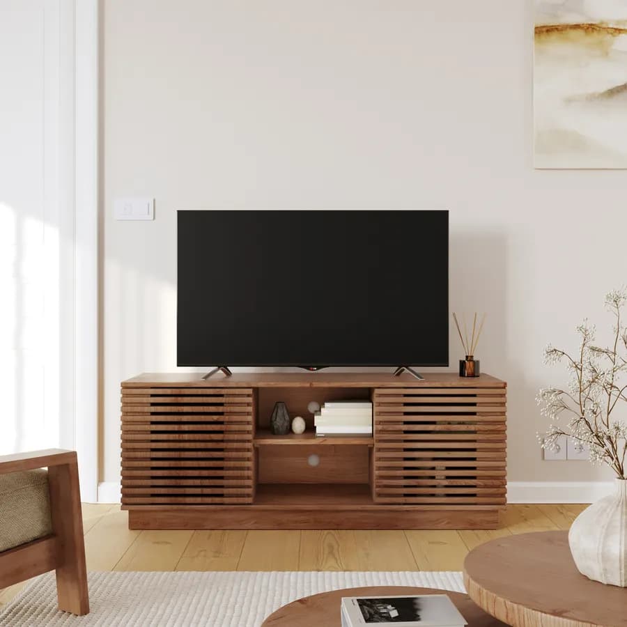 Mobile porta TV 130x50 cm in legno di acacia cannettato - Karan