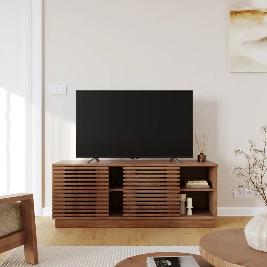 Mobile porta TV 130x50 cm in legno di acacia cannettato - Karan