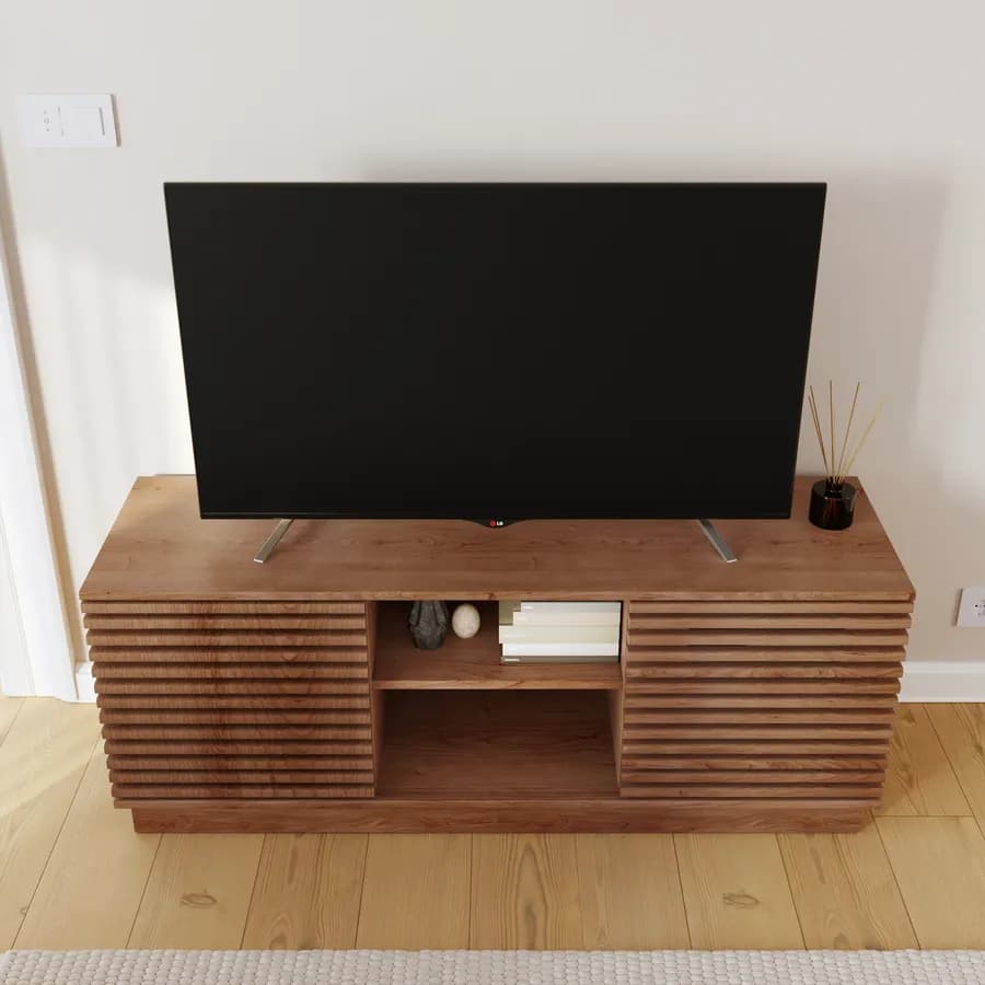 Mobile porta TV 130x50 cm in legno di acacia cannettato - Karan
