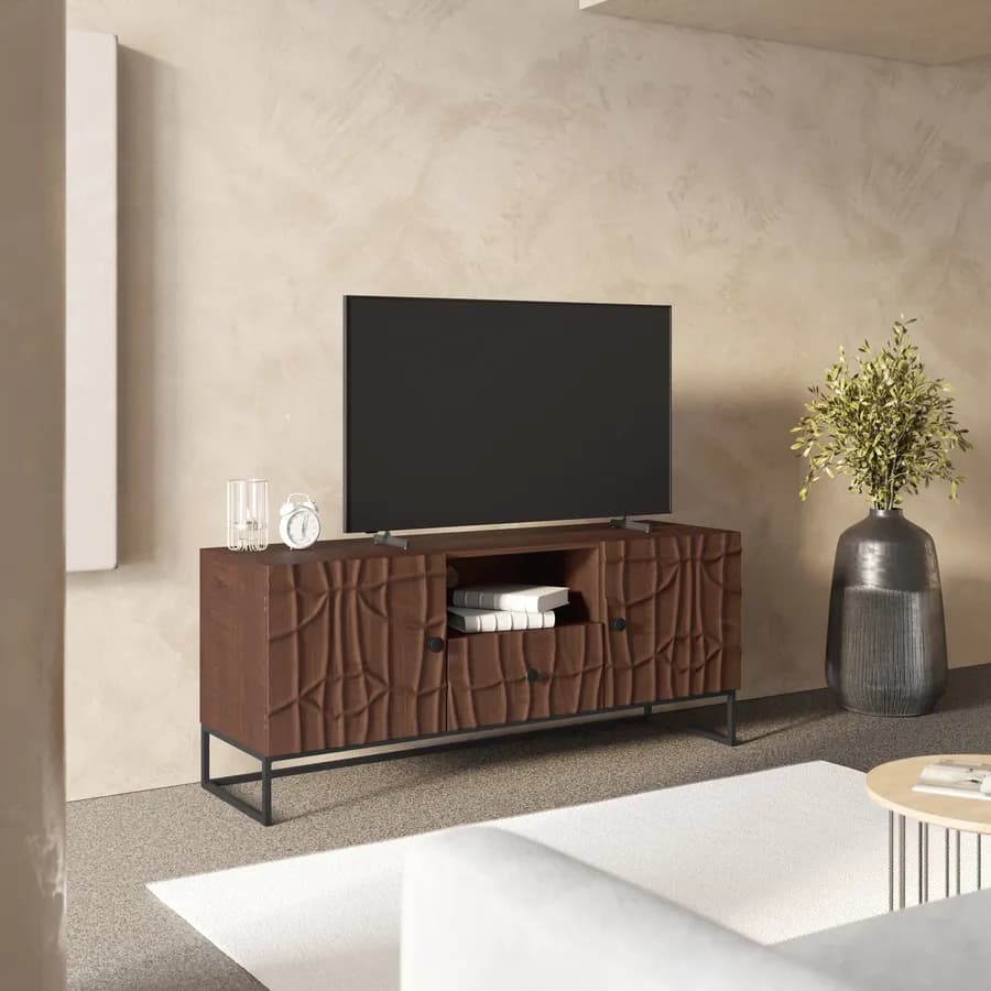 Mobile porta tv 130x55h cm in legno di mango noce e metallo nero con 2 ante e 1 cassetto - Hyperion