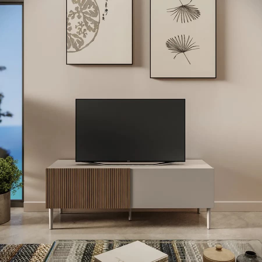 Mobile porta tv 140x44h cm tortora e rovere millennium cannettato con 2 cassetti e gambe tortora - Zelma